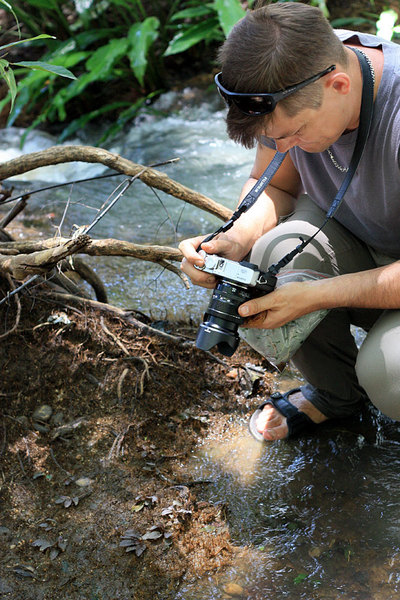 Роман Магин фотографирует природную популяцию криптокорины Беккета (Cryptocoryne beckettii). Река Махавели, Шри-Ланка.