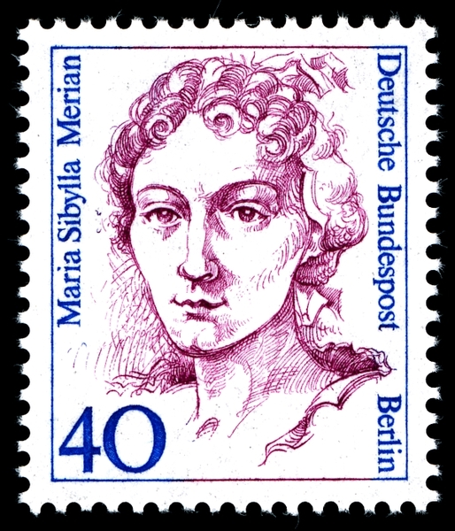 Немецкая почтовая марка с изображением натуралистки 17-го века Maria Sibylla Merian (1647-1717) 