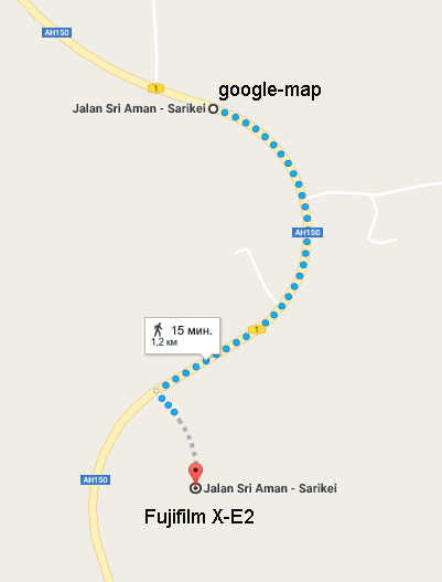 Фрагмент Google-карты с указанием места реального обитания Криптокорины пузырчатой (Cryptocoryne bullosa) и точки, зафиксированной фотоаппаратом Fujifilm X-E2. Погрешность измерения составила 1.2 км.