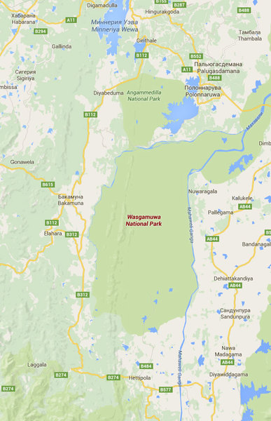 Расположение Национального парка Васгамува (Wasgamuwa National Park) на карте.