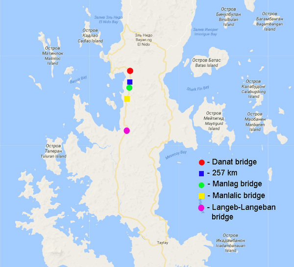 Карта северной части острова Палаван с указанием мест локализации исследованных водоемов.