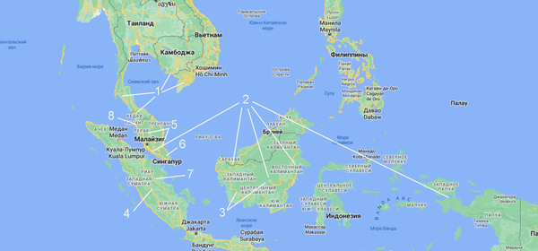 Карта с указанием примерных ареалов обитания всех восьми видов рода Барклайя (Barclaya). Род является эндемиком Юго-Восточной Азии.