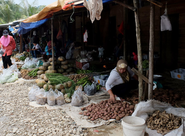 Корневища таро или сладкого картофеля (Ipomoea batatas) на рынке на границе между Малайзией и Индонезией, остров Калимантан